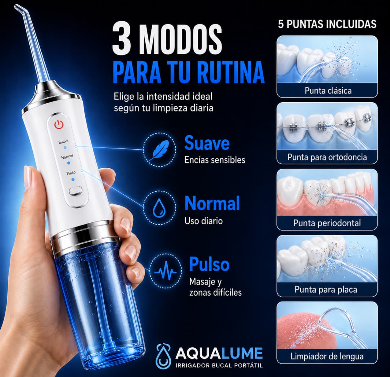 AquaLume™ — Limpieza Profunda Entre Dientes en Segundos